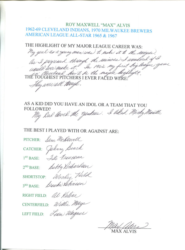 Roy Maxwell "Max" Alvis Autographed Hand Filled Out Survey Page