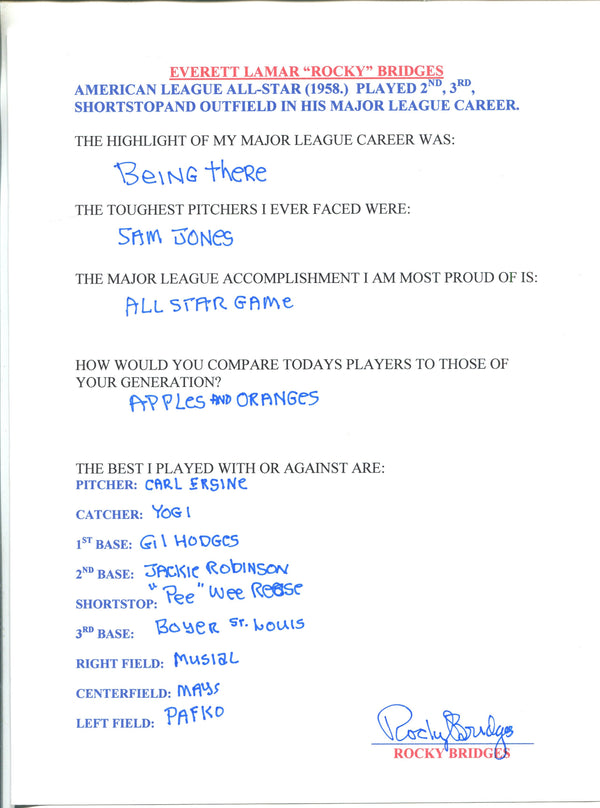 Everett Lamar "Rocky" Bridges Autographed Hand Filled Out Survey Page
