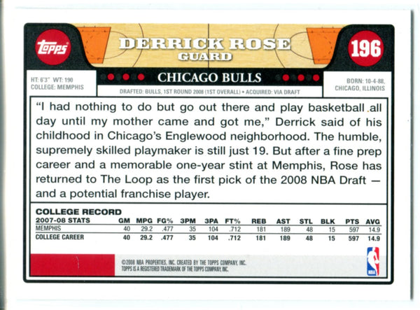 Derrick Rose 2008-09 Topps Rookie Card #196