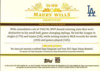 Maury Wills Autographed 2013 Topps Tribute Card