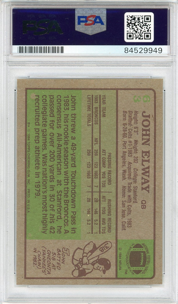 John Elway "HOF 04" Autographed 1984 Topps Card #63 (PSA Auto 10)