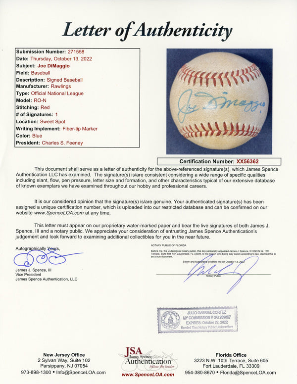 Joe DiMaggio Autographed National League Charles Feeney Baseball (JSA)