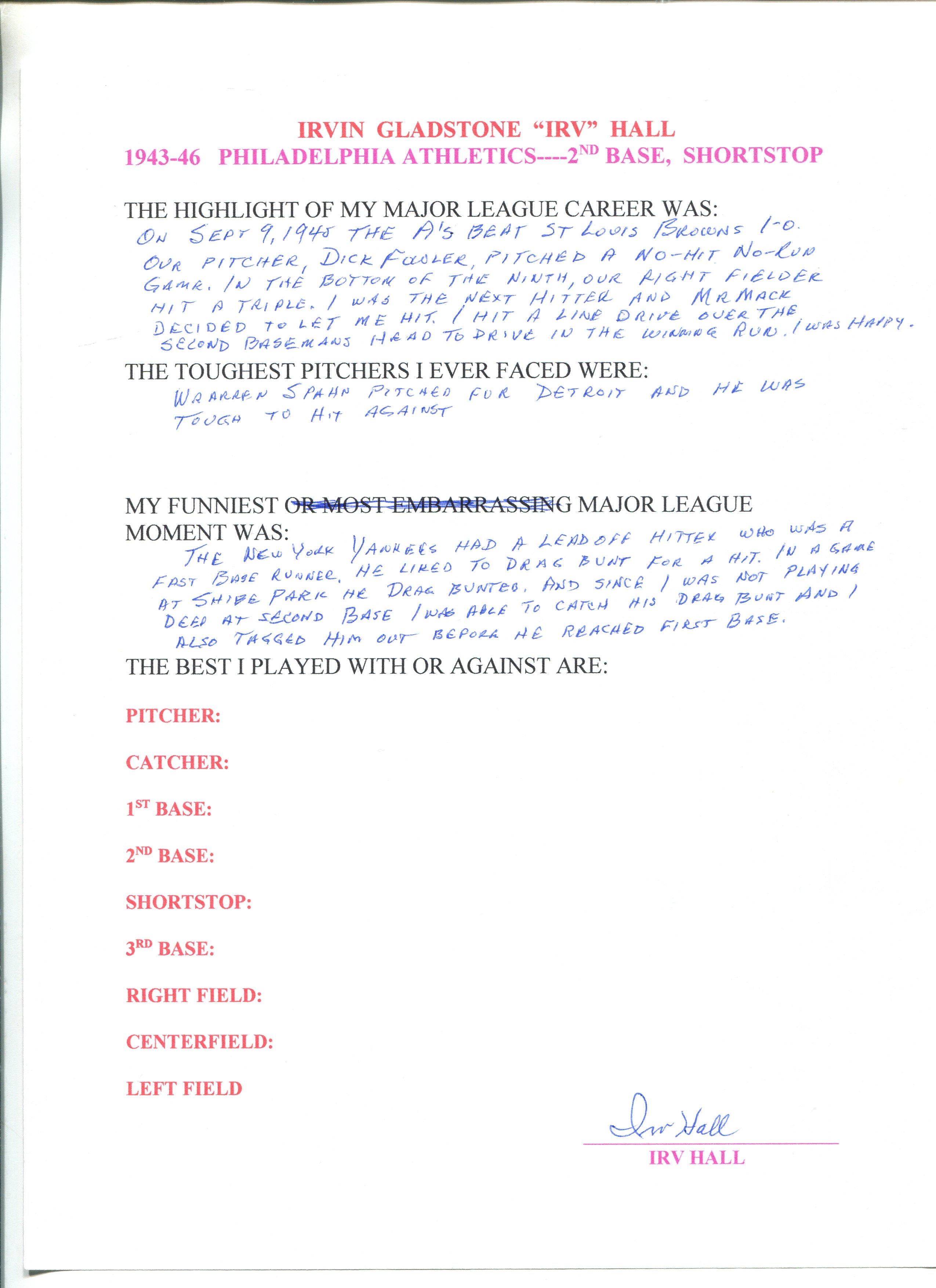 Irv Hall Autographed Hand Filled Out Survey Page | Hollywood Collectibles