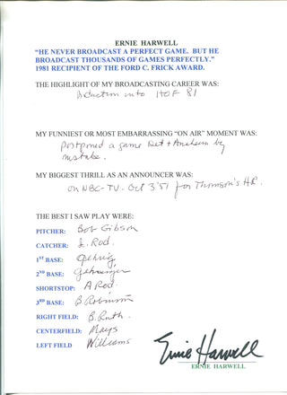 Ernie Harwell Autographed Hand Filled Out Survey Page