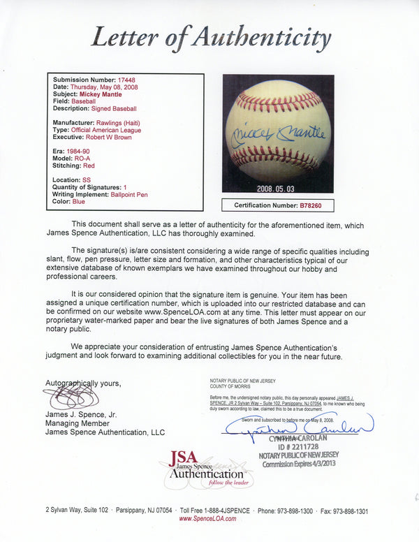 Mickey Mantle Autographed American League Bobby Brown Baseball (JSA)