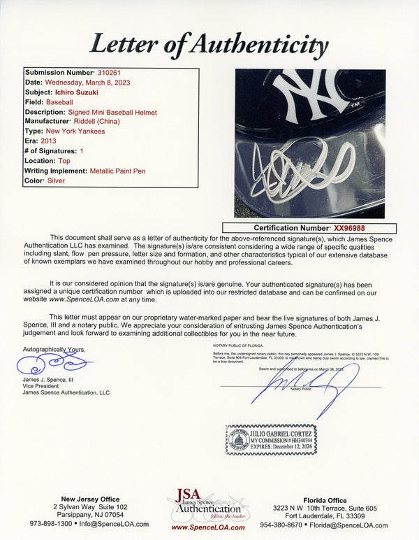 Ichiro Suzuki Autographed New York Yankees Mini Helmet (JSA)