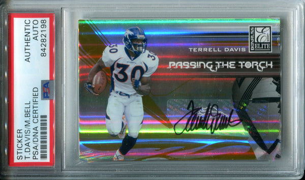 Terrell Davis & Mike Bell Autographed 2007 Donruss Elite Passing the Torch Card (PSA)