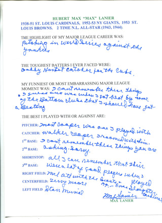 Max Lanier Autographed Hand Filled Out Survey Page