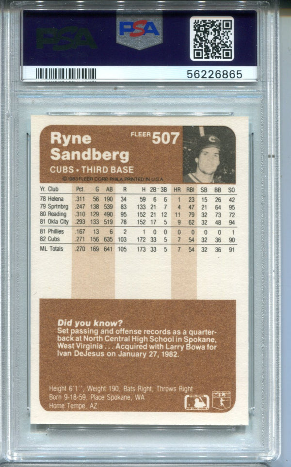 Ryne Sandberg 1983 Fleer #507 PSA-MT 8 Card