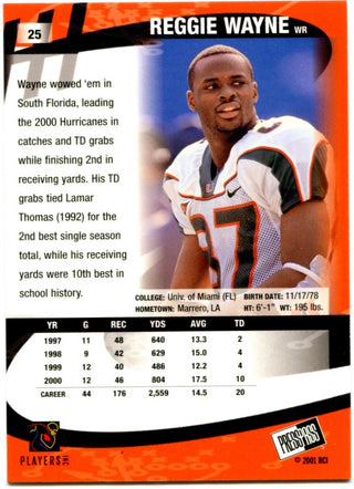 Reggie Wayne Press Pass 2001 Miami Hurricanes #25