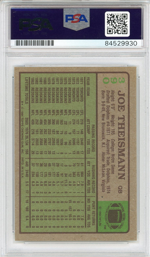 Joe Theismann "1983 MVP" Autographed 1984 Topps Card #390 (PSA Auto 10)