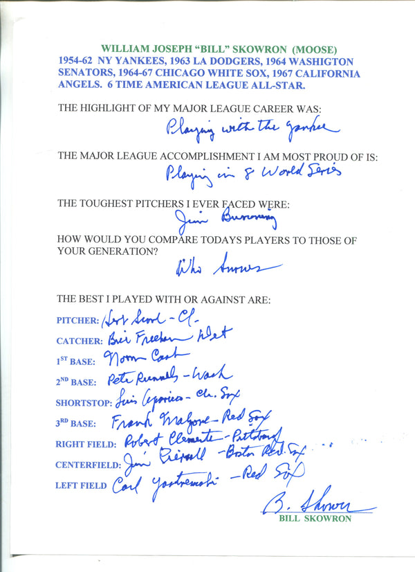 Bill "Moose" Skowron Autographed Hand Filled Out Survey Page