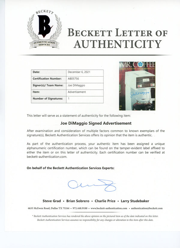 Joe DiMaggio Autographed 11x13 Mr Coffee Advertisement (Beckett)