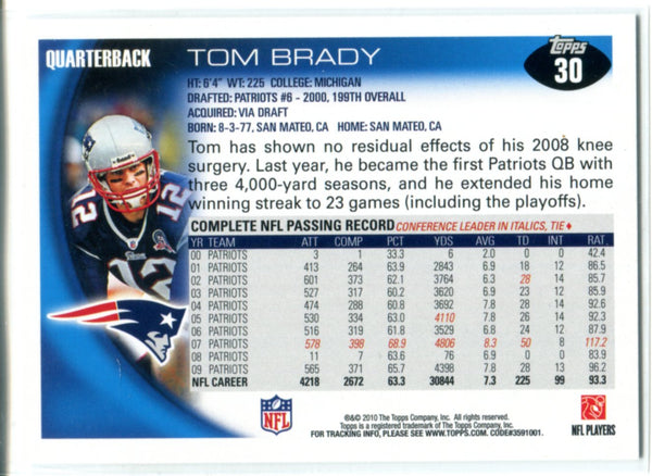 Tom Brady 2010 Topps Card #30