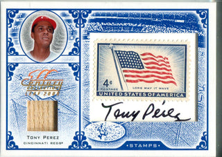Tony Perez 2004 Donruss Playoff Postage Stamp, Piece of Bat Cut & Autographed Card #21/37