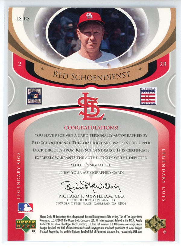 Red Schoendienst Autographed 2004 Upper Deck Legendary Cuts Card #LS-RS