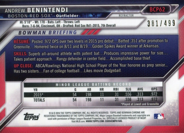 Andrew Benintendi 2016 Bowman Chrome Refractor Rookie Card