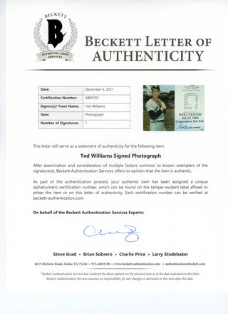 Ted Williams Autographed 8x10 HOF Induction Day Card (Beckett)