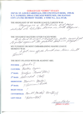 Gerry Staley Autographed Hand Filled Out Survey Page