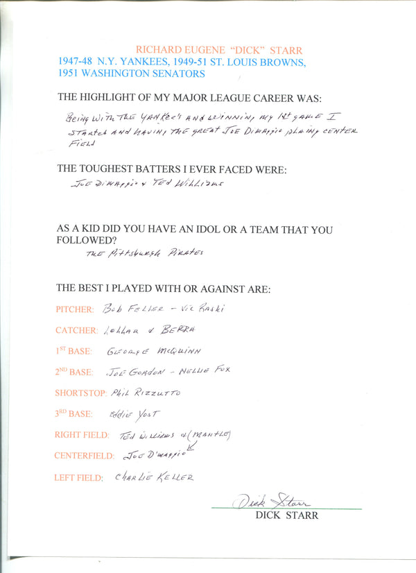 Dick Starr Autographed Hand Filled Out Survey Page