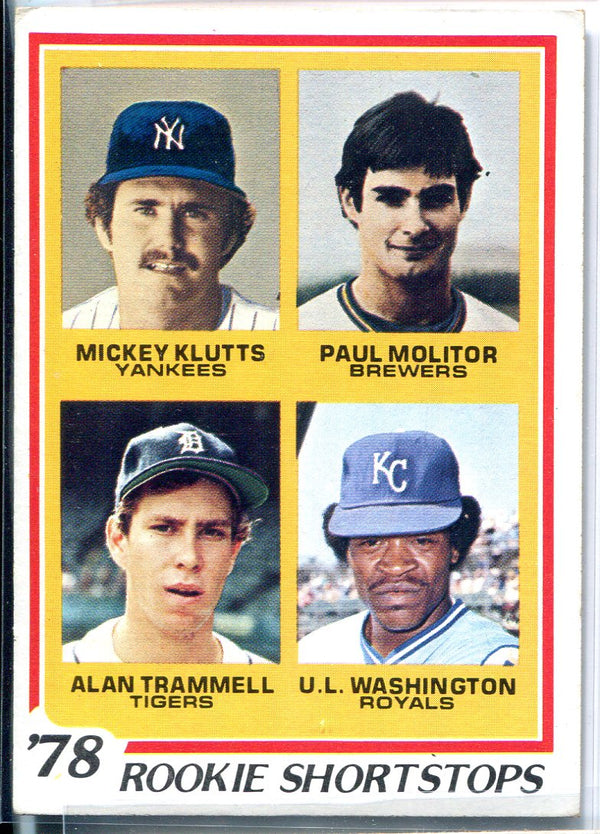 Mickey Klutts, Paul Molitor, Alan Trammell, & U.L. Washington 1978 Topps Rookie Shortstops Card