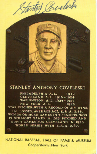 Stanley Coveleski Autographed Hall of Plaque Card (JSA)
