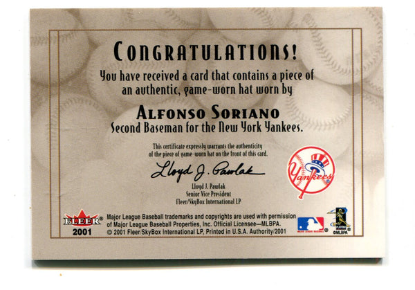Alfonso Soriano 2001 Fleer Diamond Cuts Hat Material Card