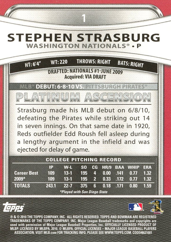 Stephen Strasburg 2010 Bowman Platinum Rookie Card