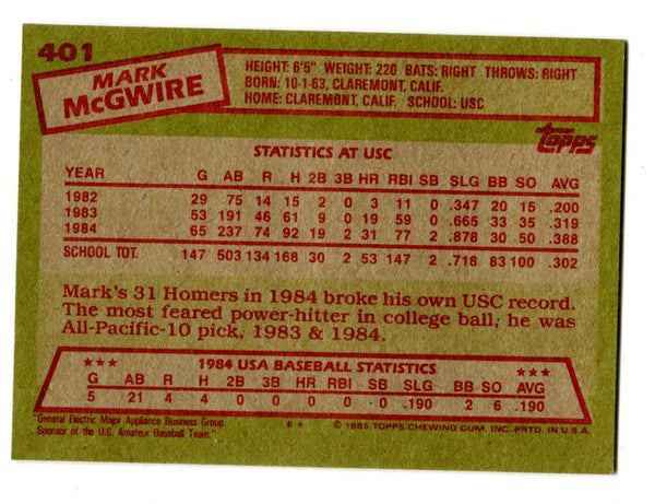 Mark McGwire 1985 Topps #401 Card
