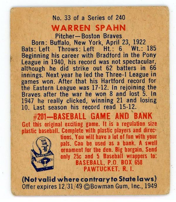 Warren Spahn 1949 Bowman Card #33