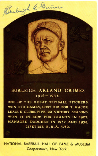 Burleigh Grimes Autographed Hall of Plaque Card (JSA)