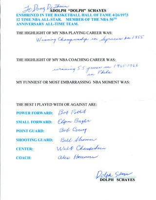 Dolph Schayes Autographed Hand Filled Out Survey Page (JSA)