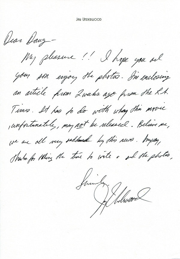 Jay Underwood Autographed Hand Written Letter