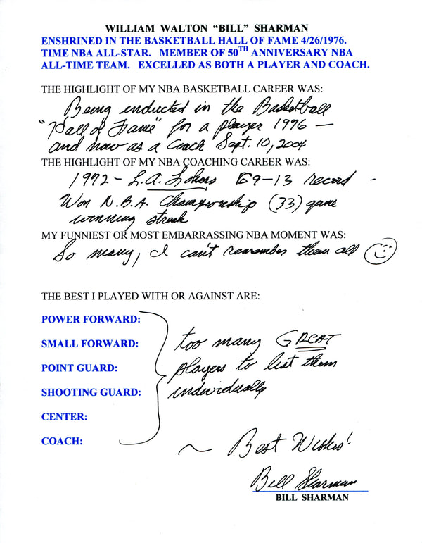 Bill Sharman Autographed Hand Filled Out Survey Page (JSA)