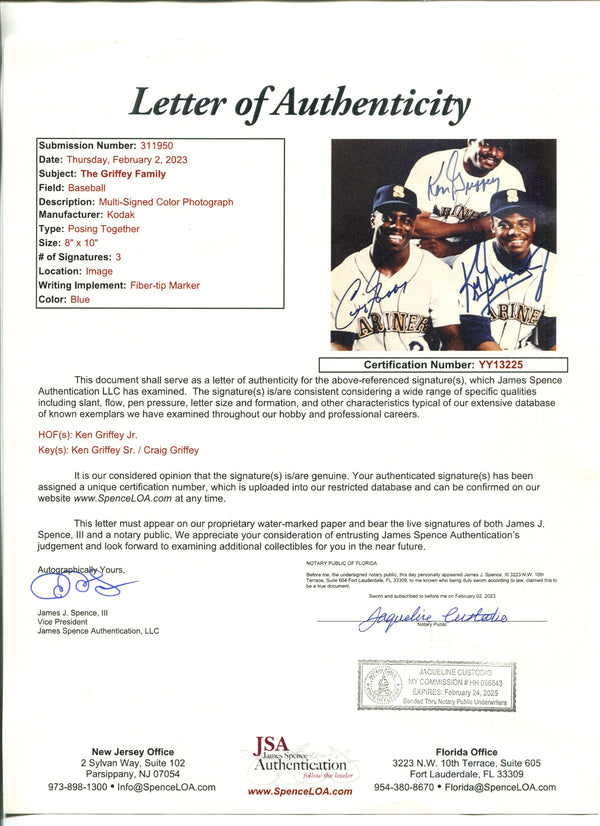 Ken Griffey Sr., Ken Griffey Jr. & Craig Griffey Signed Mariners Family  8x10 Photo (JSA Hologram)