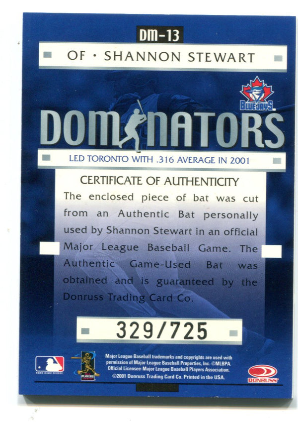 Shannon Stewart 2001 Donruss Dominators #DM13 Bat Card