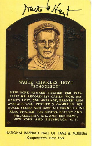 Waite Hoyt Autographed Hall of Plaque Card (JSA)
