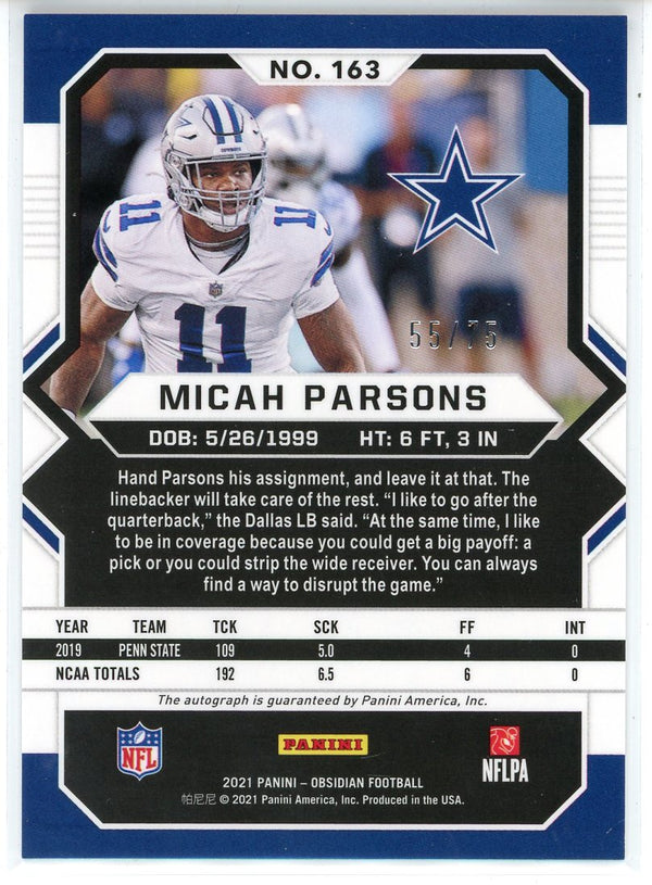 Micah Parsons Autographed 2021 Panini Obsidian Orange Rookie Card #163