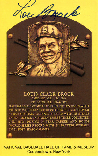 Lou Brock Autographed Hall of Plaque Card (JSA)