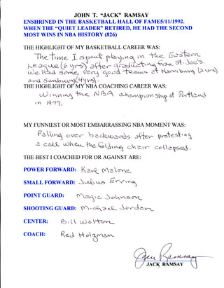 Jack Ramsey Autographed Hand Filled Out Survey Page (JSA)