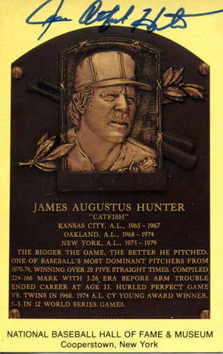 Jim Catfish Hunter Autographed Hall of Plaque Card (JSA)