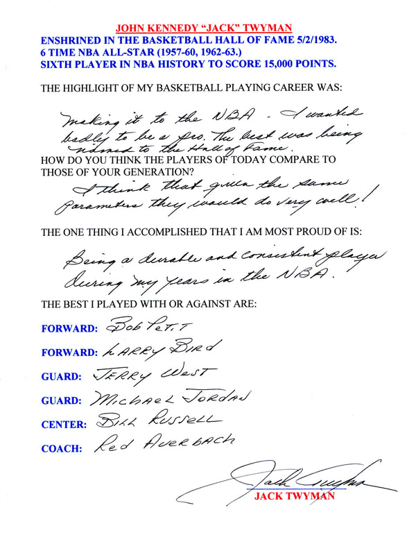 Jack Twyman Autographed Hand Filled Out Survey Page (JSA)