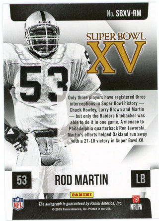 Rod Martin 2015 Panini Super Bowl XV Signatures Autographed Card