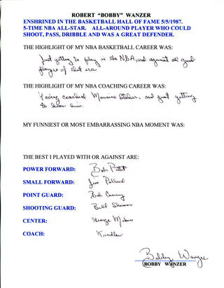 Bobby Wanzer Autographed Hand Filled Out Survey Page (JSA)
