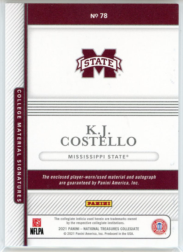 KJ Costello Autographed 2021 Panini National Treasures Collegiate Rookie Patch Card #78