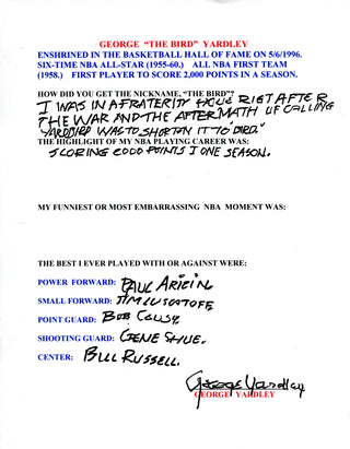 George Yardley Autographed Hand Filled Out Survey Page (JSA)