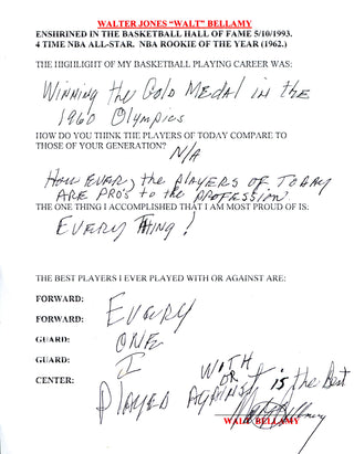 Walt Bellamy Autographed Hand Filled Out Survey Page (JSA)