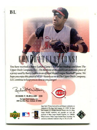 Barry Larkin 2001 Upper Deck SP Game Used Edition Jersey Card