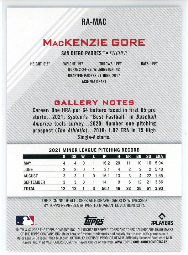 MacKenzie Gore Autographed 2022 Topps Gallery Rookie Card #RA-MAC