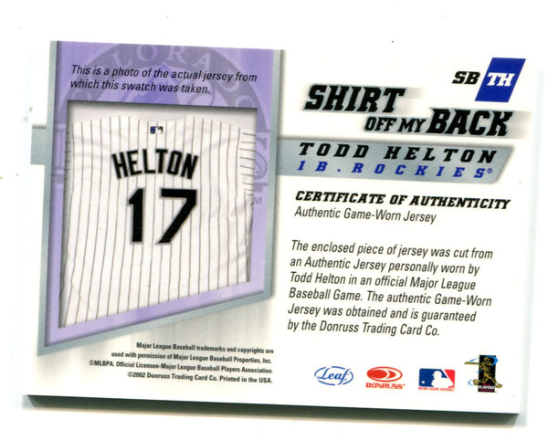 Todd Helton 2002 Donruss Shirt Off My Back #SBTH Jersey Card